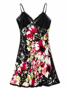 Soma 100% Silk Slip Dress M | Floral Lace Trim Chemise Y2K Lingerie Mini